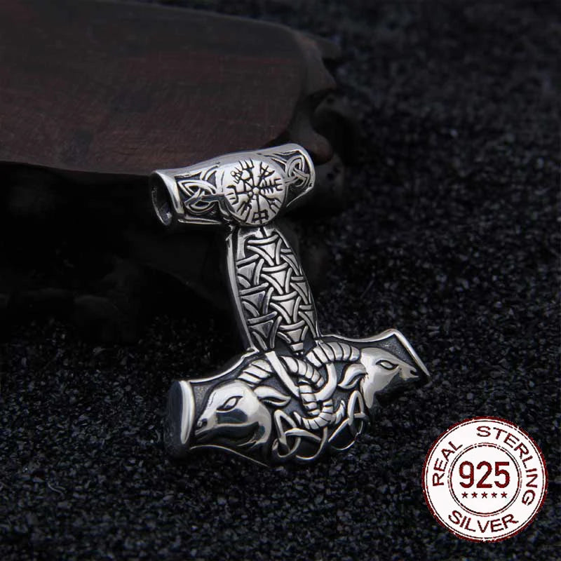 Mjolnir and Thor's goats - 925 Sterling Silver Pendant with leather necklace