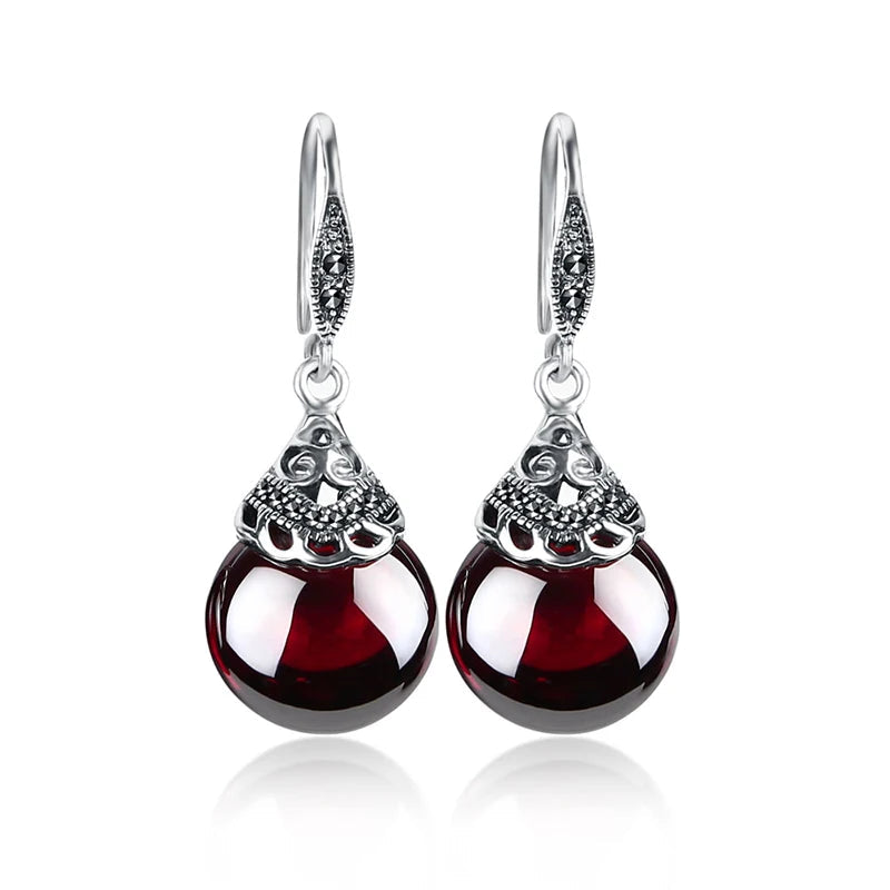 Idun's Gift Drop Earrings in 925 Sterling Silver with Red Garnet Stone