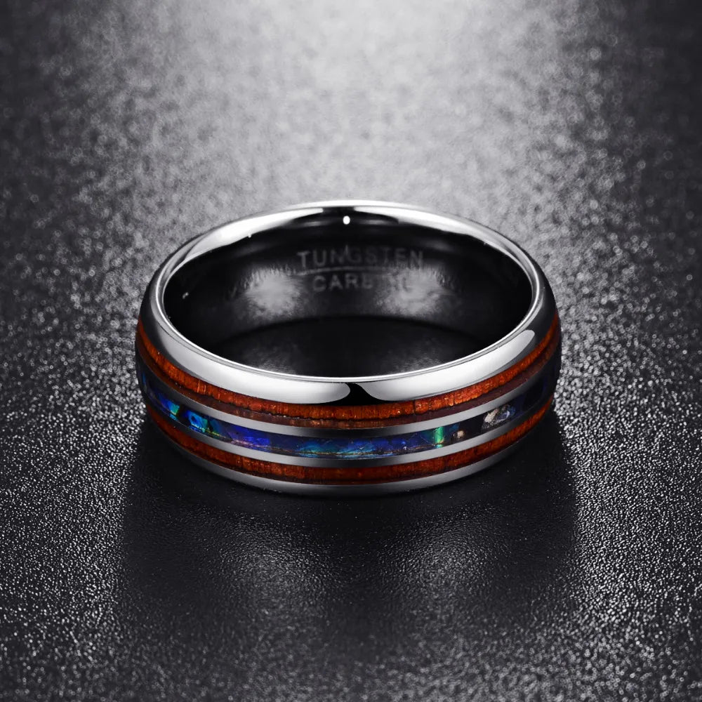 Bifrost, the Rainbow Bridge to Valhalla Tungsten Carbide 8mm Wide Ring with Blue Opal Inlay