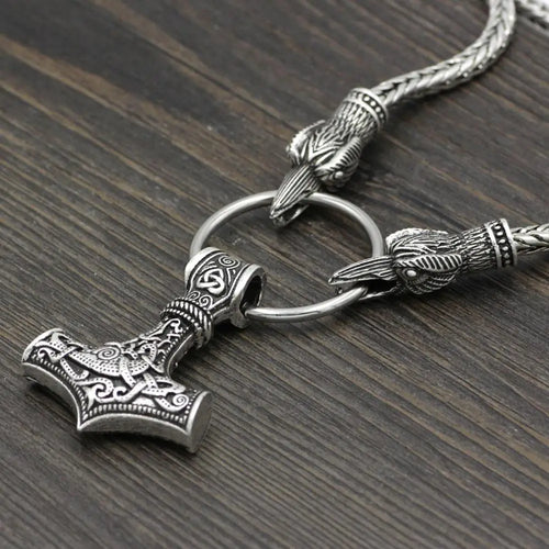 Mjolnir Hammer of Thor With Ravens Stainless Steel Necklace