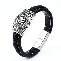Viking Staves Valknut, Vegvisir and Aegishjalmur Leather and Steel Bracelet