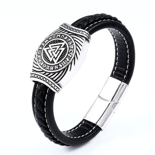 Viking Staves Valknut, Vegvisir and Aegishjalmur Leather and Steel Bracelet