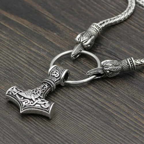Mjolnir Hammer of Thor With Ravens Stainless Steel Necklace