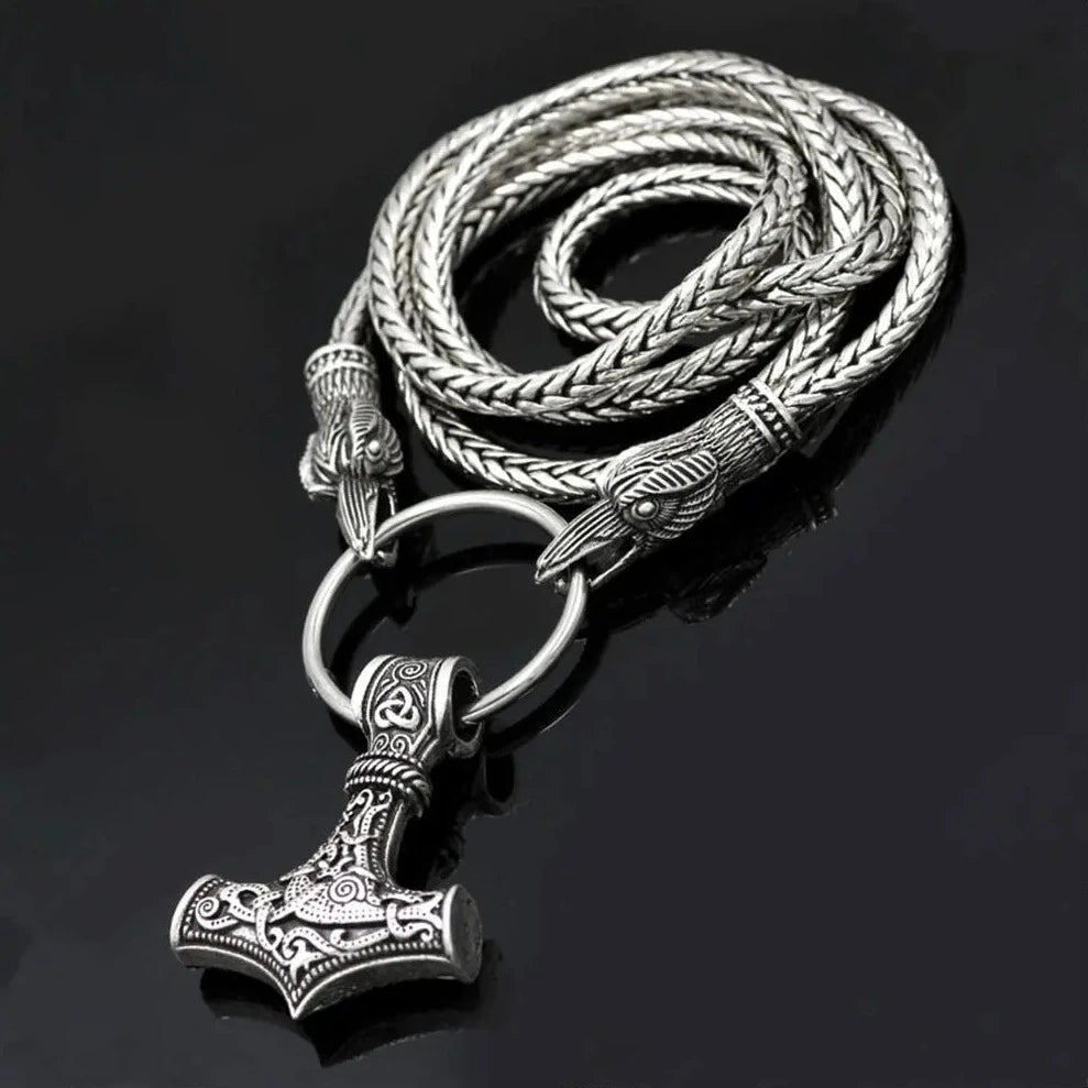 Mjolnir Hammer of Thor With Ravens Stainless Steel Necklace