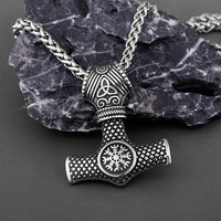 Hammer of Thor Mjolnir with Aegishjalmur Rune Stainless Steel Necklace