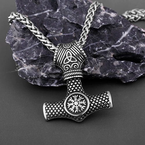 Hammer of Thor Mjolnir with Aegishjalmur Rune Stainless Steel Necklace