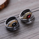 Hugin and Munin Silver Feathers 925 Sterling Silver Adjustable Ring with Natural Garnet Stone