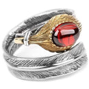 Hugin and Munin Silver Feathers 925 Sterling Silver Adjustable Ring with Natural Garnet Stone