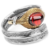Hugin and Munin Silver Feathers 925 Sterling Silver Adjustable Ring with Natural Garnet Stone