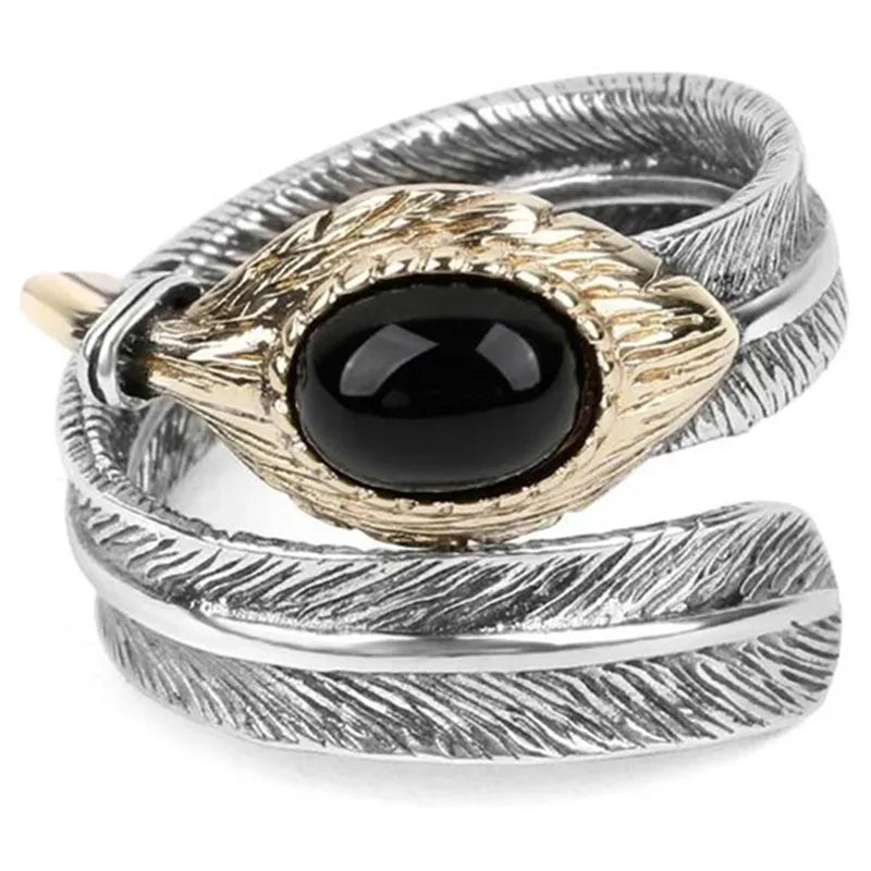 Hugin and Munin Silver Feathers 925 Sterling Silver Adjustable Ring with Natural Garnet Stone