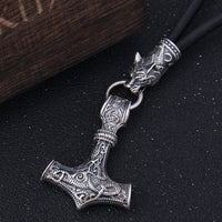 Mjolnir Necklace With Wolf Head in 925 Sterling Silver