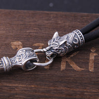 Mjolnir Necklace With Wolf Head in 925 Sterling Silver