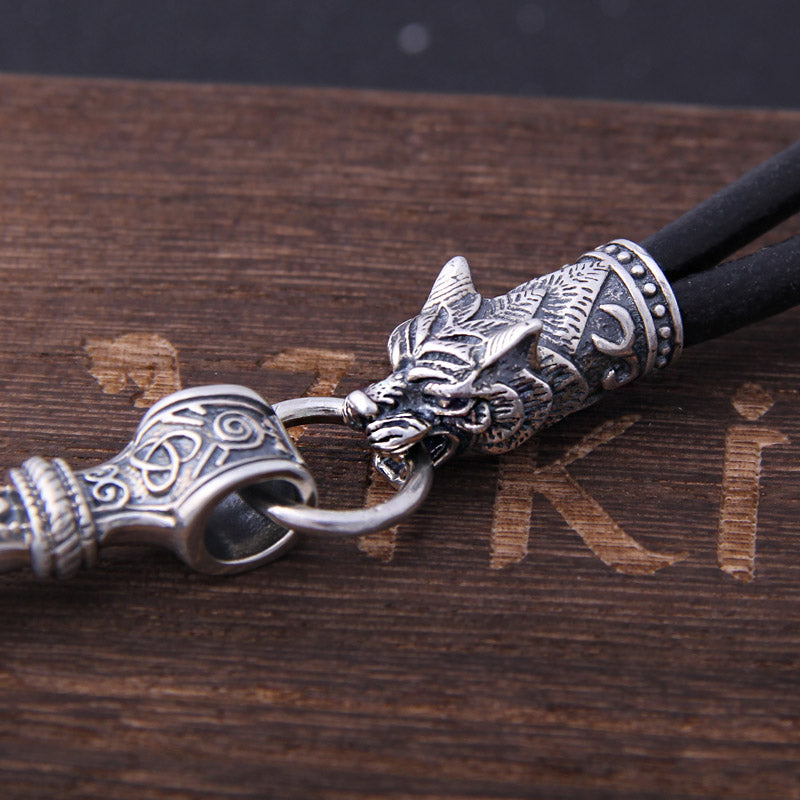 Mjolnir Necklace With Wolf Head in 925 Sterling Silver