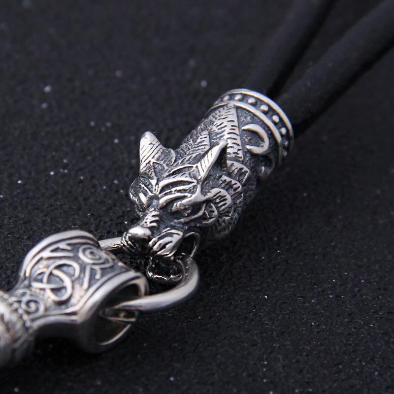 Mjolnir Necklace With Wolf Head in 925 Sterling Silver