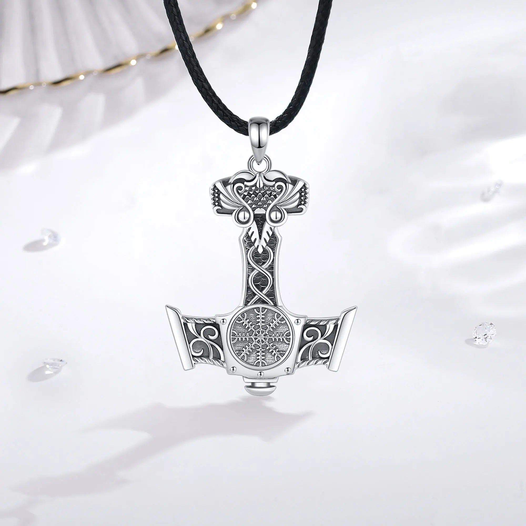 Mjolnir Necklace With Aegishjalmur in 925 Sterling Silver