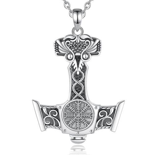 Mjolnir Necklace With Aegishjalmur in 925 Sterling Silver