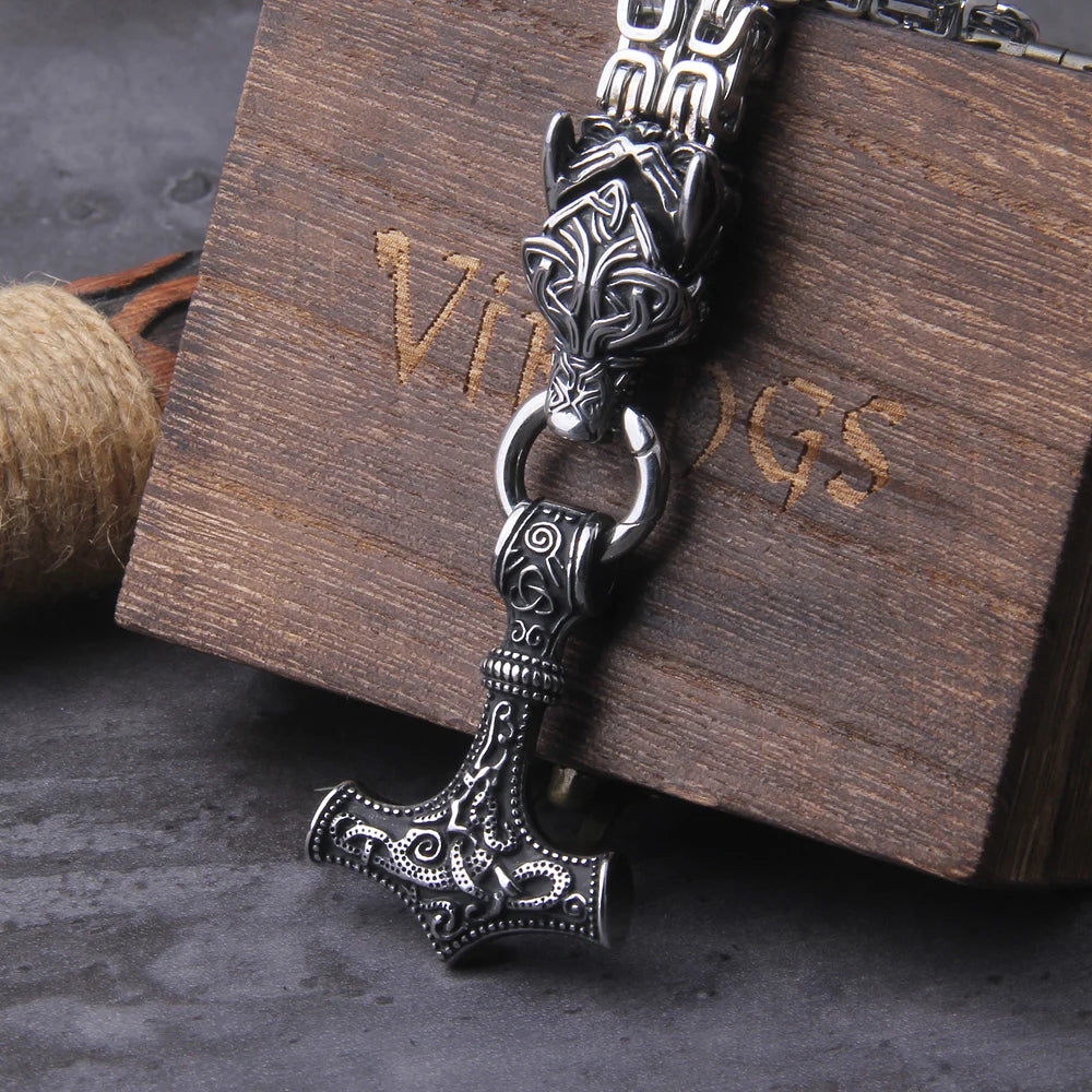 Mjolnir in Wolf Chain Stainless Steel Necklace