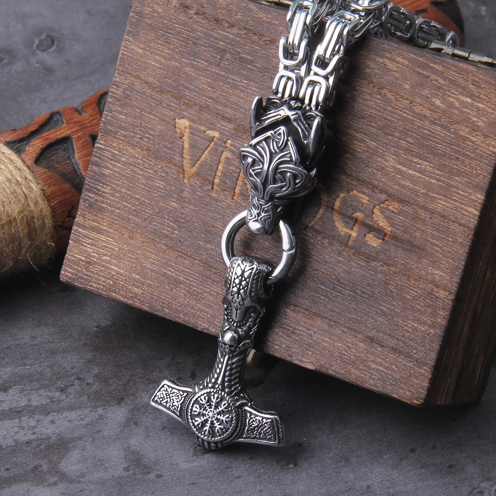 Mjolnir in Wolf Chain Stainless Steel Necklace
