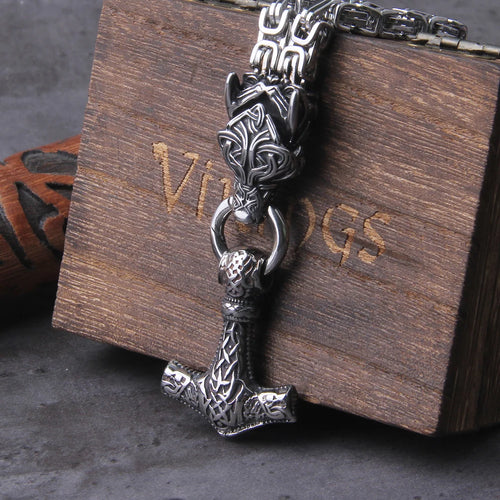 Mjolnir in Wolf Chain Stainless Steel Necklace