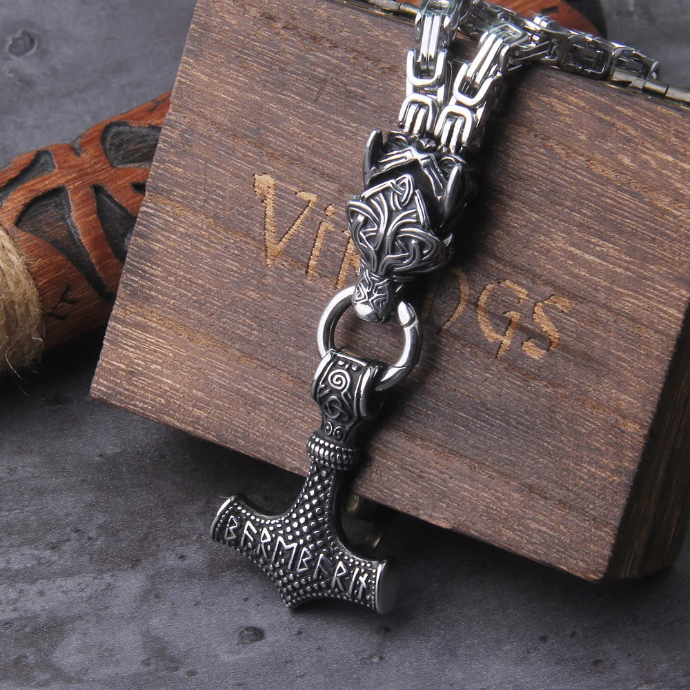 Mjolnir in Wolf Chain Stainless Steel Necklace