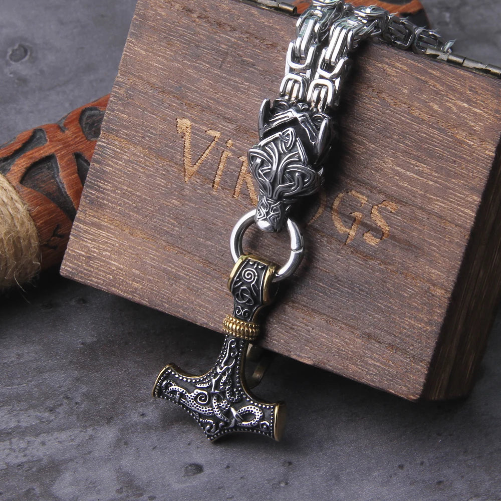 Mjolnir in Wolf Chain Stainless Steel Necklace