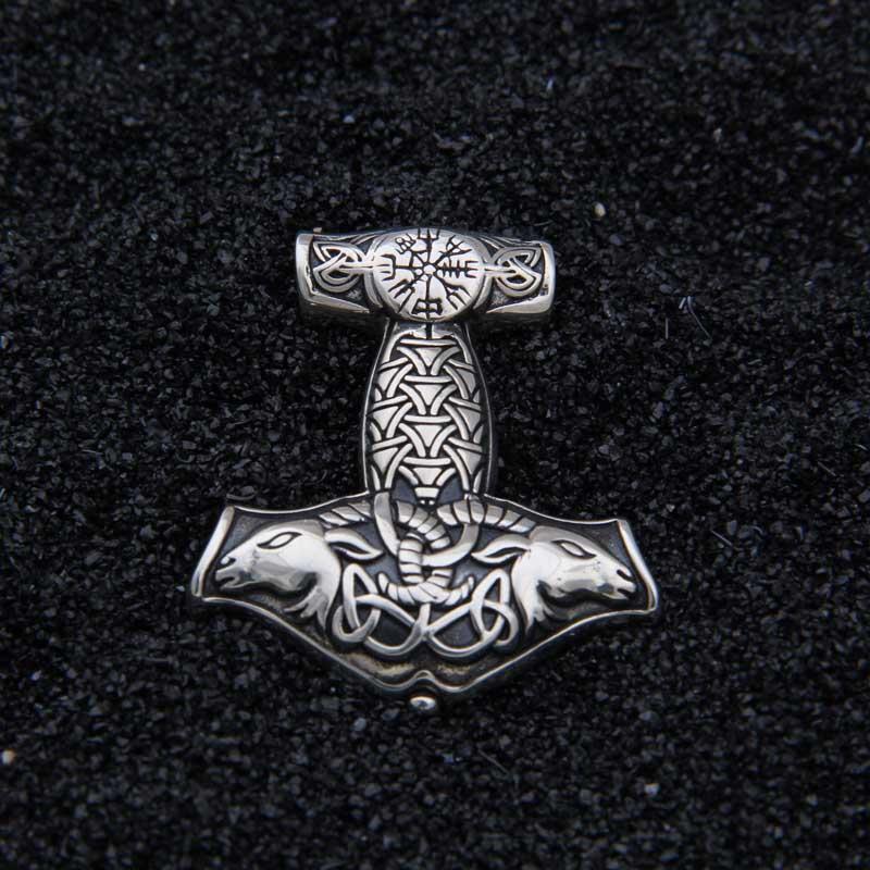 Mjolnir and Thor's goats - 925 Sterling Silver Pendant with leather necklace