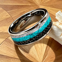 Njord God of the Sea Tungsten Carbide Ring with Turquoise and Meteorite Inlay