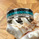 Njord God of the Sea Tungsten Carbide Ring with Turquoise and Meteorite Inlay