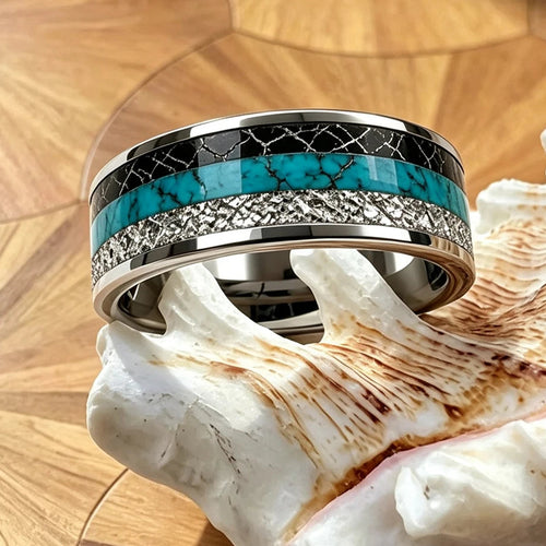Njord God of the Sea Tungsten Carbide Ring with Turquoise and Meteorite Inlay