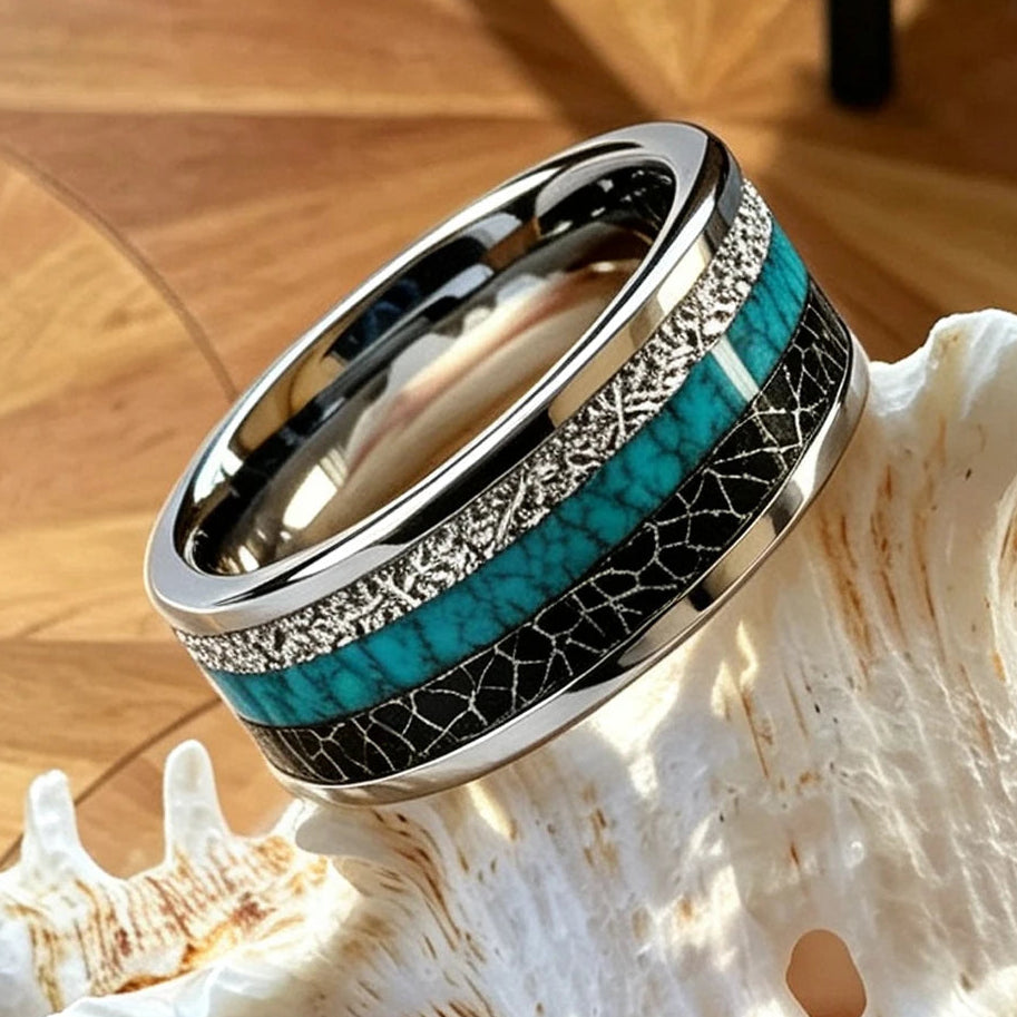 Njord God of the Sea Tungsten Carbide Ring with Turquoise and Meteorite Inlay