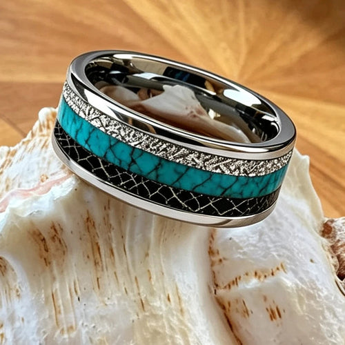 Njord God of the Sea Tungsten Carbide Ring with Turquoise and Meteorite Inlay