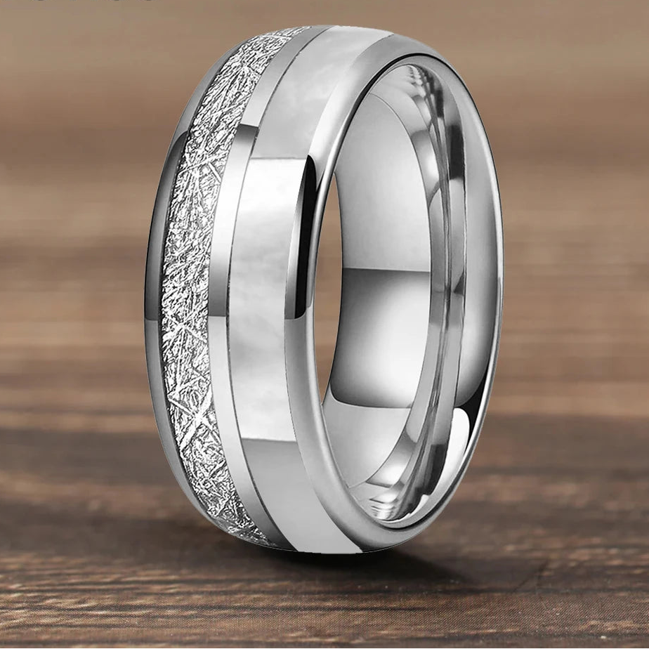Norse Winter 8mm wide Tungsten Carbide Ring with Mother of Pearl Inlay