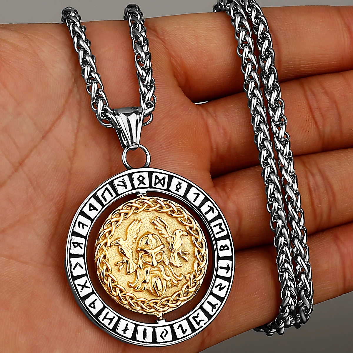 Odin and Valknut Rotating Steel Necklace