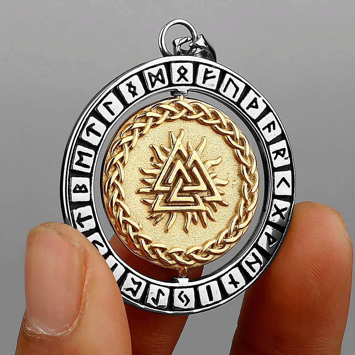 Odin and Valknut Rotating Steel Necklace