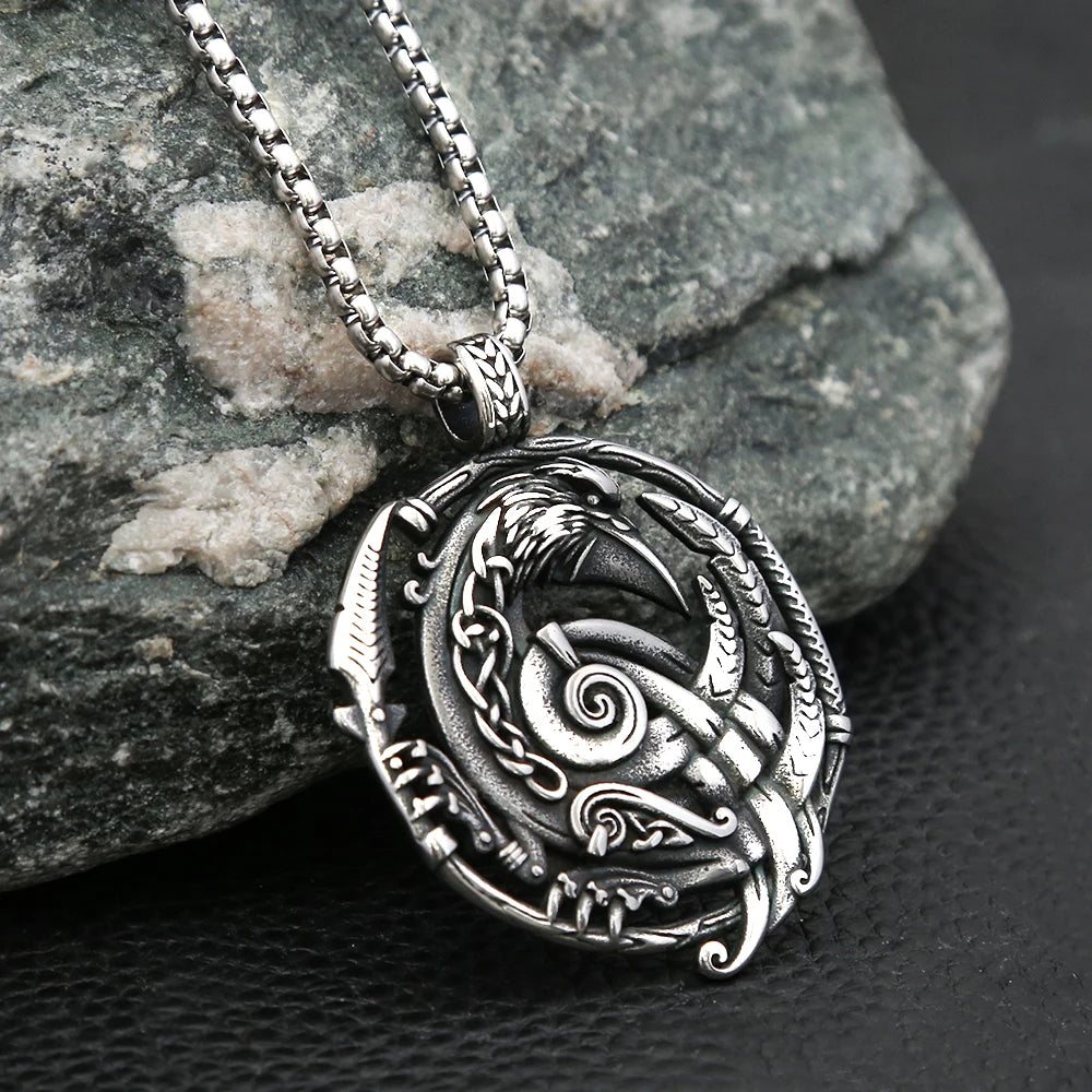 Ravens of Odin Hugin and Munin with Norse Knot Stainless Steel Necklace