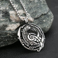 Ravens of Odin Hugin and Munin with Norse Knot Stainless Steel Necklace