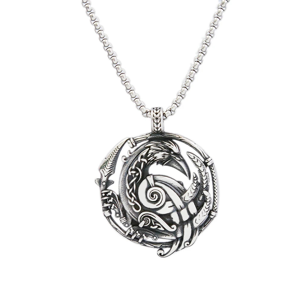 Ravens of Odin Hugin and Munin with Norse Knot Stainless Steel Necklace