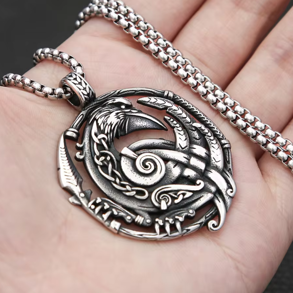 Ravens of Odin Hugin and Munin with Norse Knot Stainless Steel Necklace