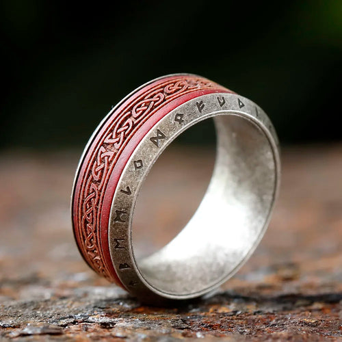 Red Norse Knot Rune Ring Stainless Steel and Rosewood Ring