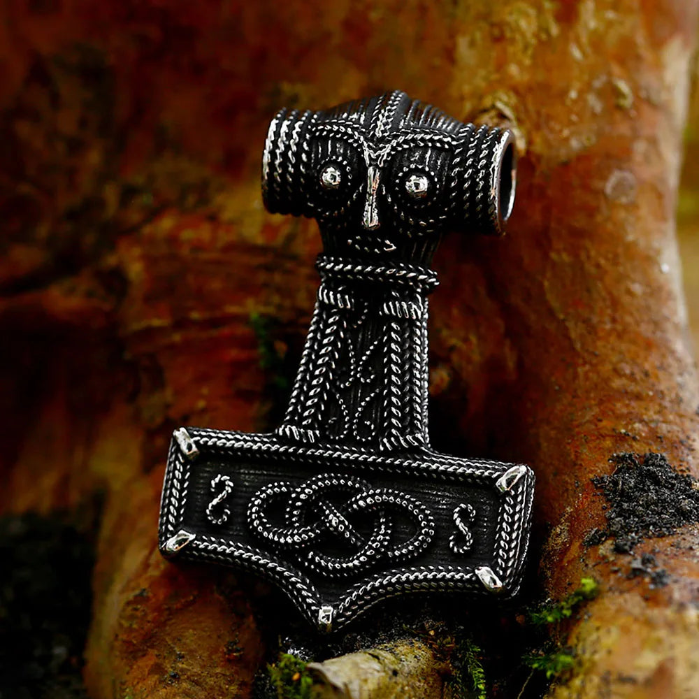 Mjolnir Hammer Thor Corded Motif Steel Necklace