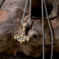 Hammer of Thor Mjolnir with Golden Bas Relief  Stainless Steel Necklace
