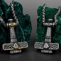 Mjolnir Necklace with Valknut Relief Stainless Steel Necklace