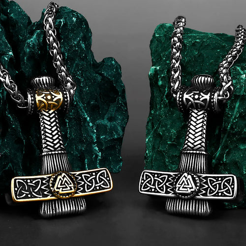 Mjolnir Necklace with Valknut Relief Stainless Steel Necklace