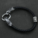 Freya Cat with Runes Steel and Leather Bracelet