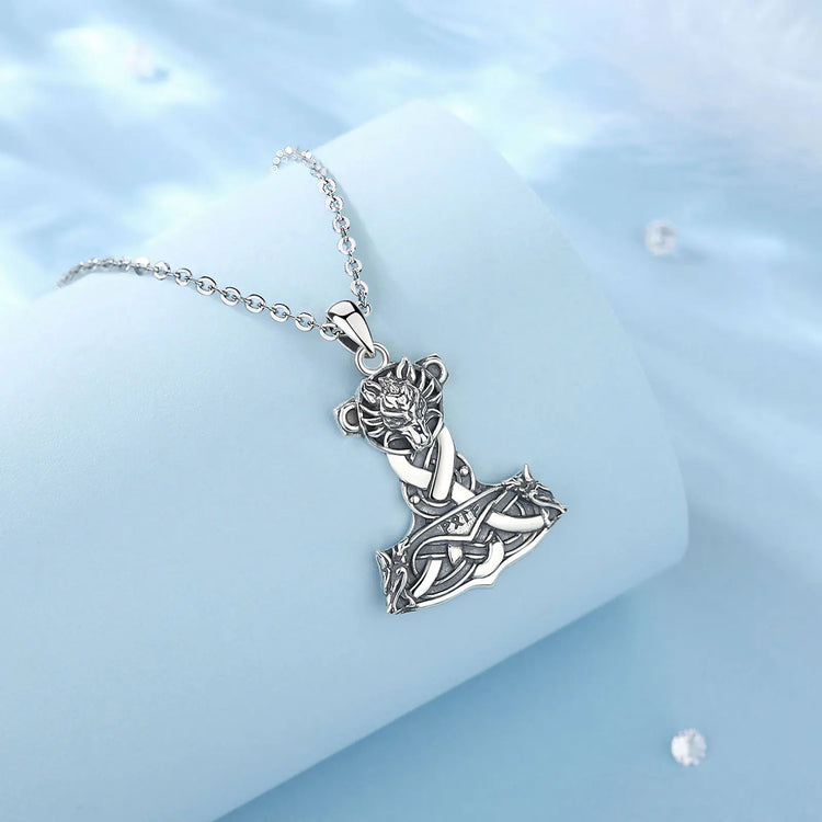 Wolf on Mjolnir 925 Sterling Silver Necklace