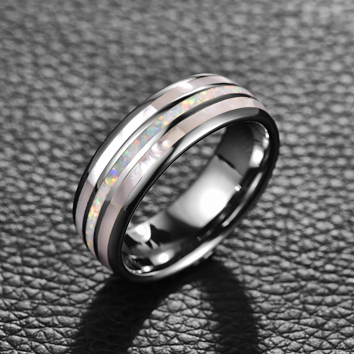 Norse Winter 8mm wide Tungsten Carbide Ring with White Opal Inlay