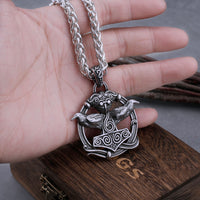 Hugin and Munin Bring Thor Hammer Mjolnir Stainless Steel Necklace