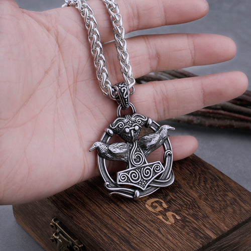 Hugin and Munin Bring Thor Hammer Mjolnir Stainless Steel Necklace