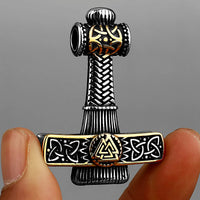 Mjolnir Necklace with Valknut Relief Stainless Steel Necklace