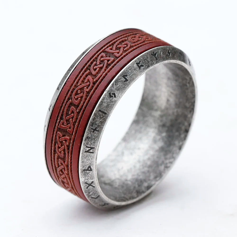 Red Norse Knot Rune Ring Stainless Steel and Rosewood Ring